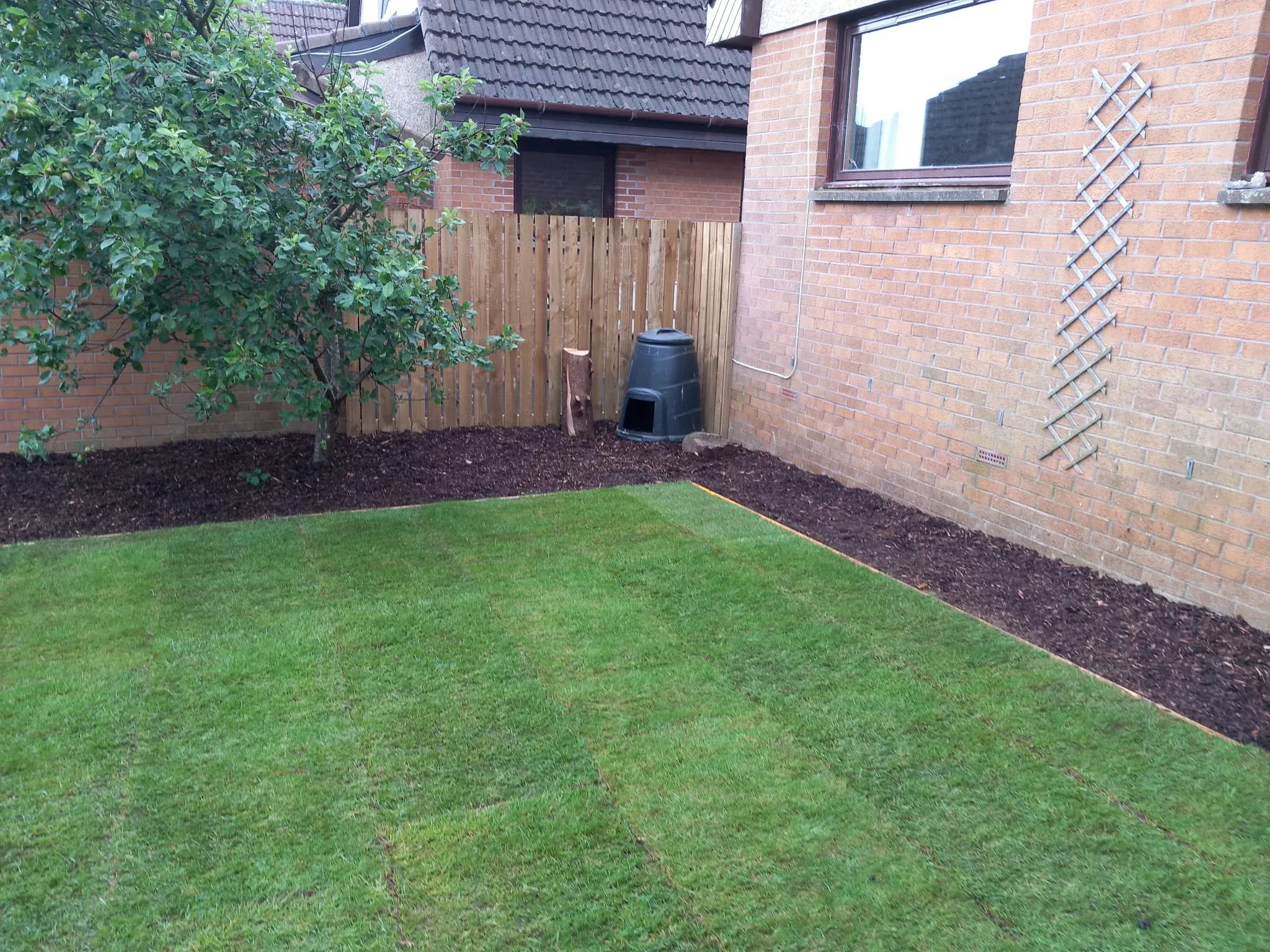 Freshly laid turf lawn with a bark border in Stirling