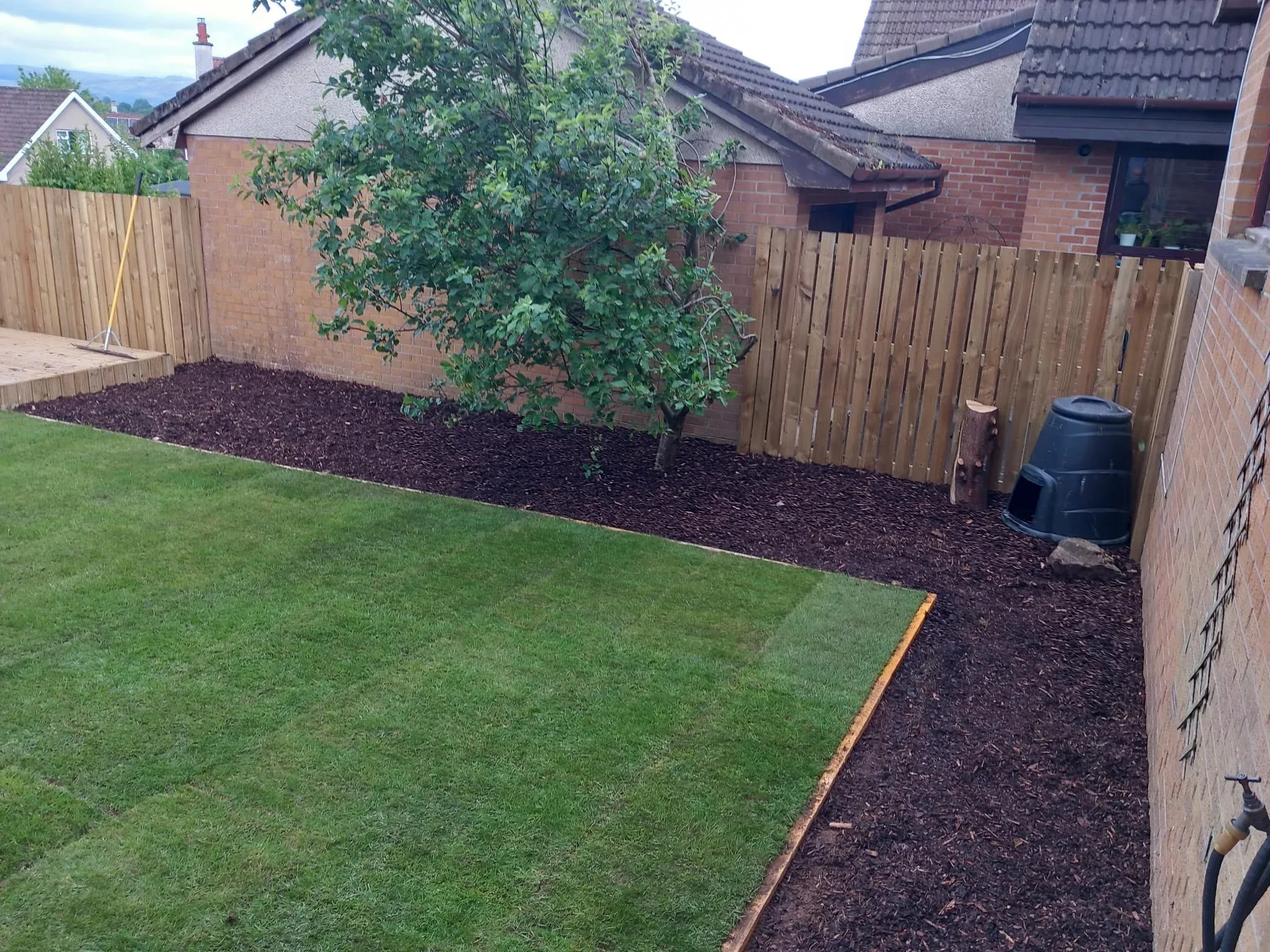 New turf lawn with a bark mulch border in a Stirling garden