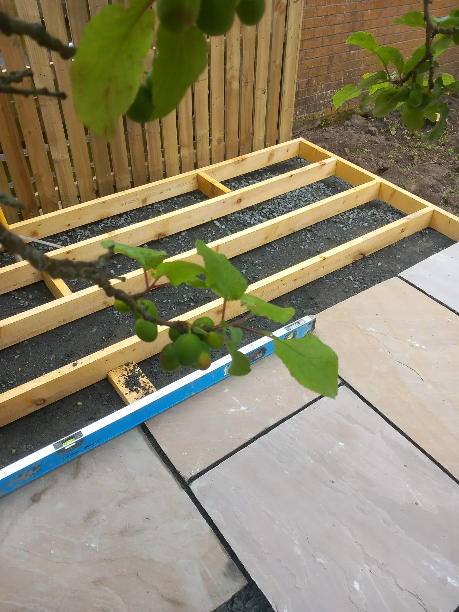Raised timber decking sub-frame under construction in Stirling